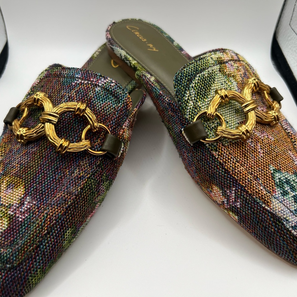 Circus by Sam Edelman Multicolor Tweed Slip-On Mules with Gold Chain Detail